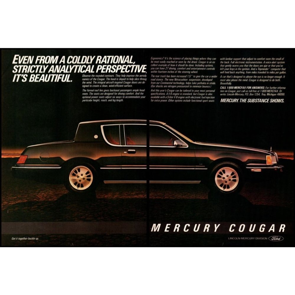 1983 Mercury Cougar LS 2 Page Vintage Print Ad Sunset Sky Nighttime Wall Art